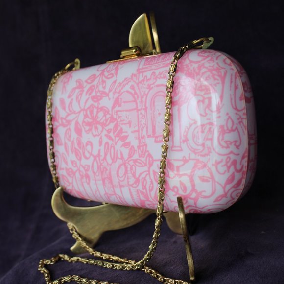 rare Lilly Pulitzer Jubilee clutch purse pill box Lucite enamel Pink toile - Picture 2 of 9